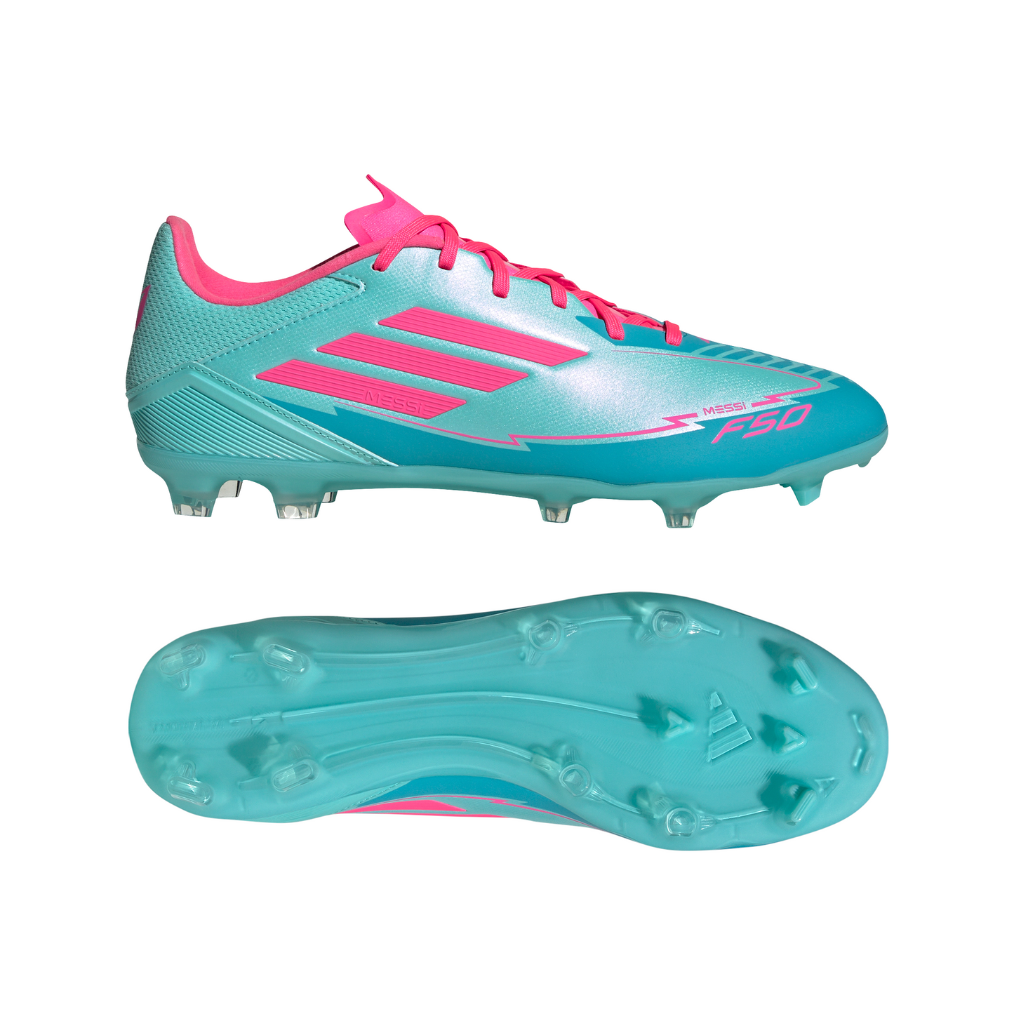 adidas Messi F50 League FG Firm Ground Soccer Cleats- Flash Aqua/ Lucid Pink /Lucid Cyan