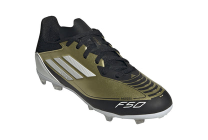 Adidas F50 League Firm Ground/Multi Ground Junior Messi Soccer Cleats-Metallic Gold/White/Gold