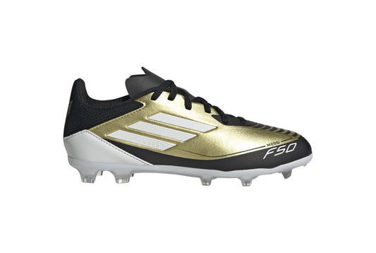 Adidas F50 League Firm Ground/Multi Ground Junior Messi Soccer Cleats-Metallic Gold/White/Gold