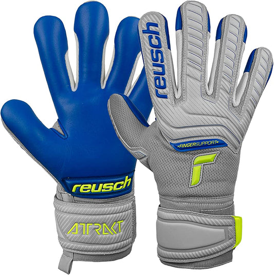 Reusch Attrakt Grip Evolution Finger Support Junior- Vapor Gray/ Safety Yellow/ Deep Blue